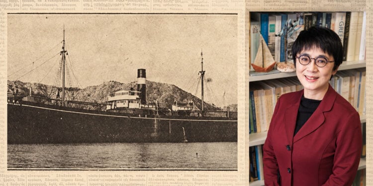 Το ιαπωνικό πλοίο «Tokei Maru» και η ιστορικός Νανάκο Μουράτα-Σαουαγιανάγκι (φωτ.: Αρχείο Νανάκο Μουράτα-Σαουαγιανάγκι / σύνθεση pontosnews.gr)