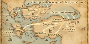 Εικαστική απεικόνιση της διαδρομής της λέξης «εξεκαμπανίσταμε» (εικ.: Gemini generated)