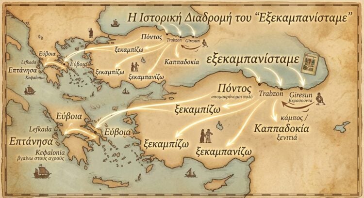 Εικαστική απεικόνιση της διαδρομής της λέξης «εξεκαμπανίσταμε» (εικ.: Gemini generated)
